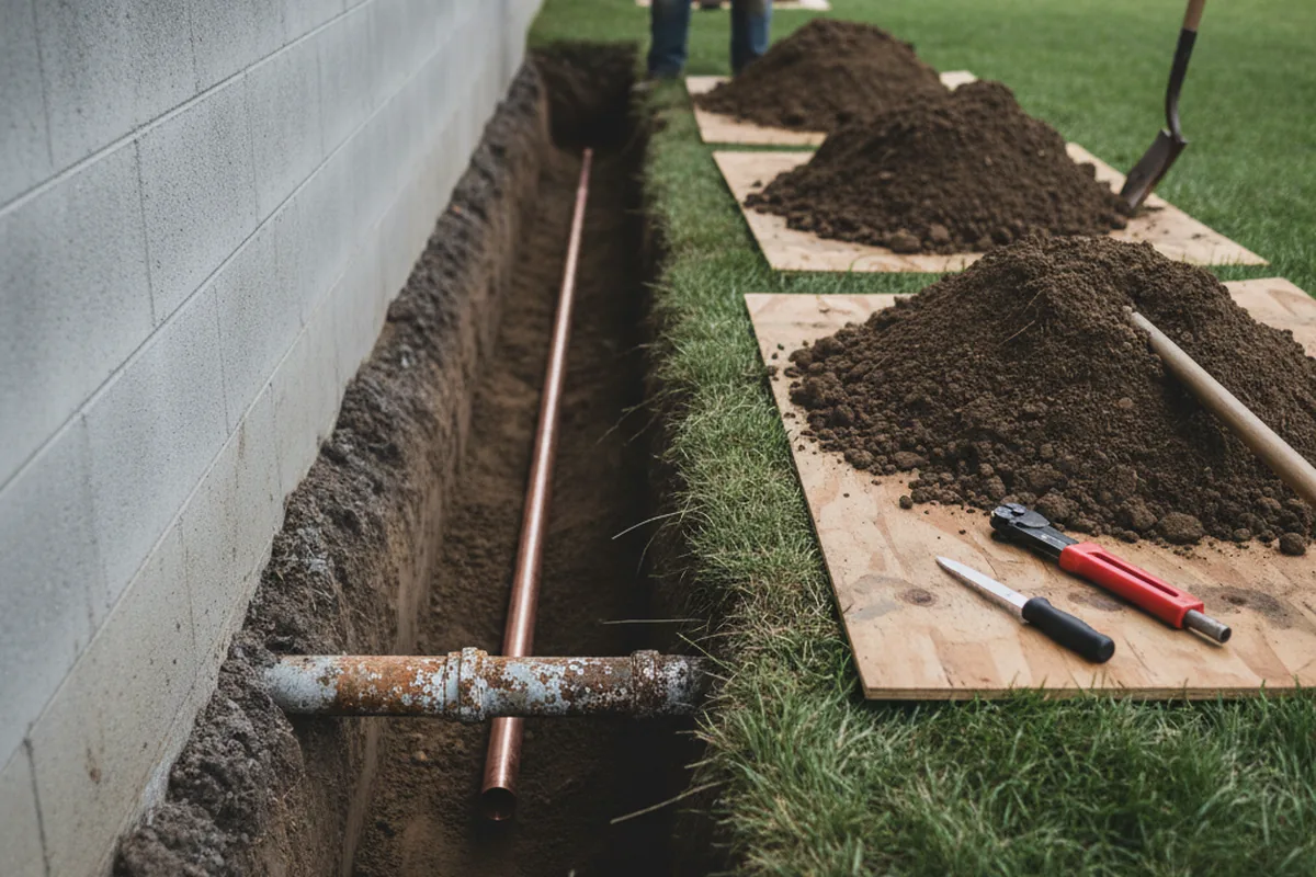 Excavated water line trench during Water Softener Installation in Bivalve